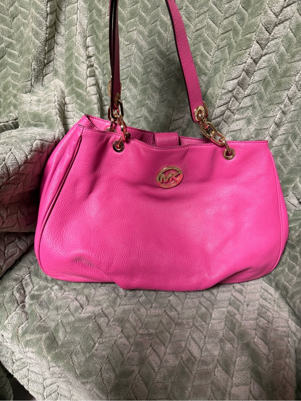Michael Kors Hot Pink Pebbled Leather Shoulder Bag with Gold Hardware